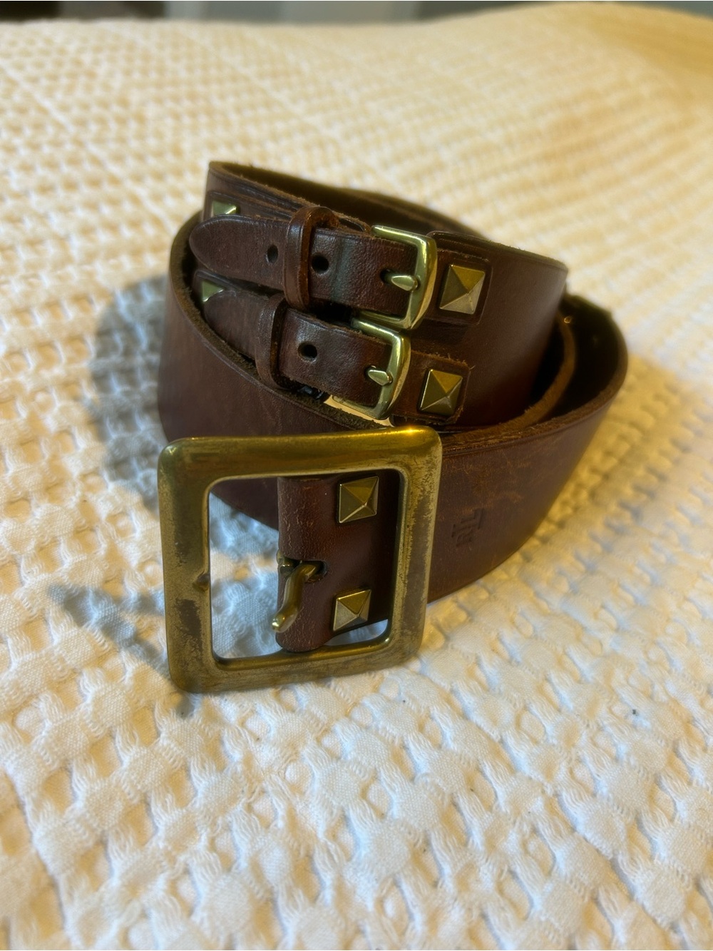 Vintage Ralph Lauren Brown Leather Belt with Brass Buckle and Stud Accents